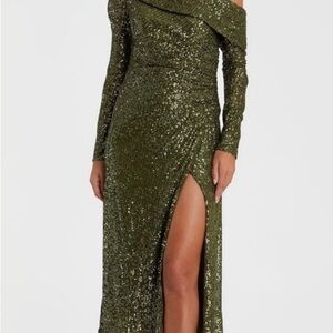 Mac Duggal Olive Green Off-Shoulder Sequin Midi Dress